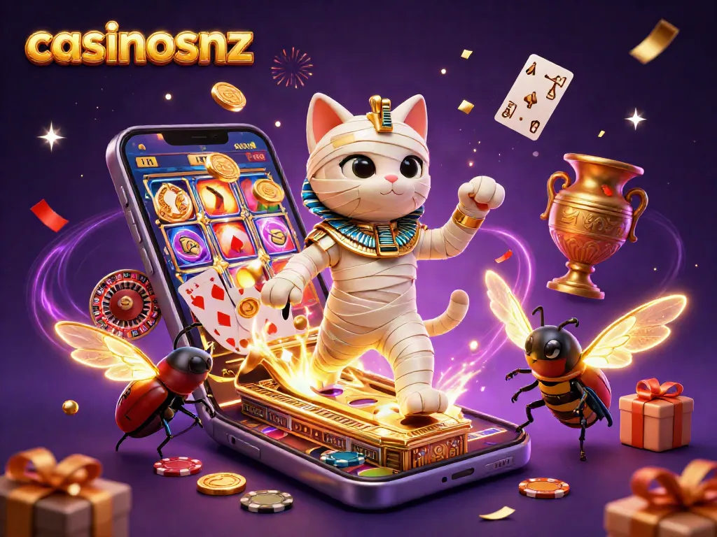 Experience casinosnz excitement with an Egyptian mummy cat and glowing scarab amidst casino games and fireworks.
