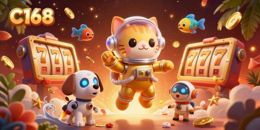 C168 lottery cat character celebrating with glowing slot reels and vibrant casino elements.