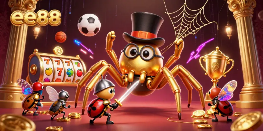 Engage in thrilling gaming at ee88 with a vibrant casino scene filled with animated characters and golden elements.