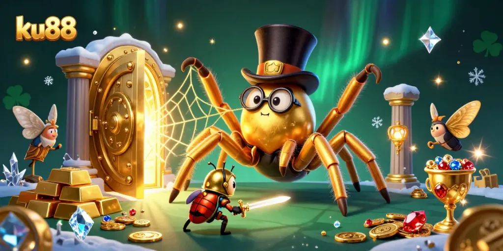 ku88 casino adventure with a golden tarantula and knight, showcasing vibrant gaming elements