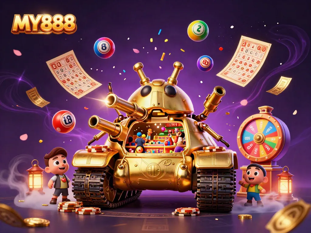 Experience the thrilling MY888 mini-casino within a golden beetle tank amidst lottery balls and golden tickets.