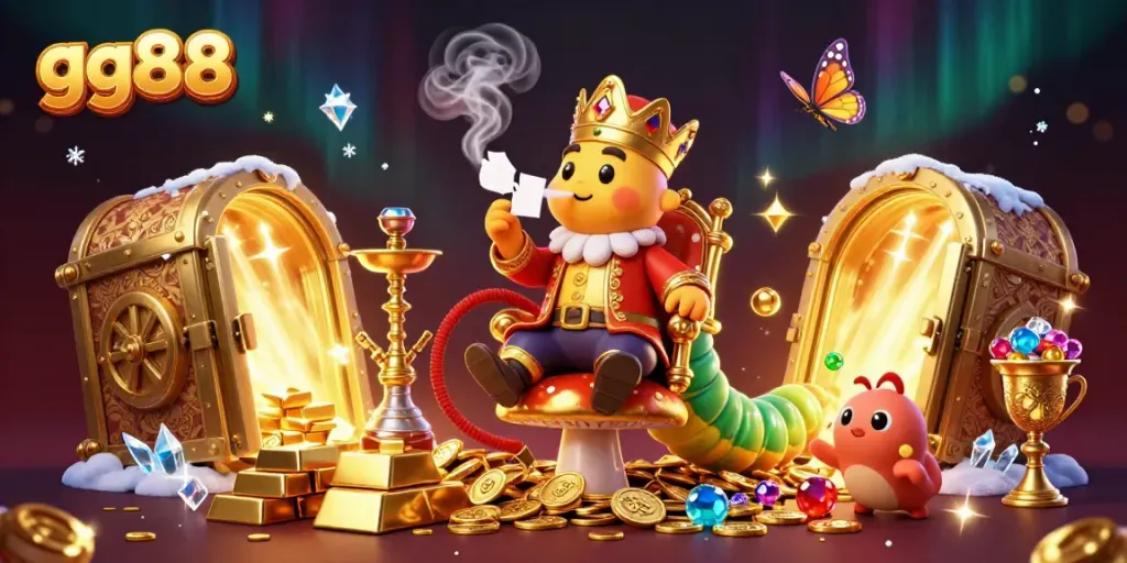 Experience the vibrant gaming world of gg88 featuring a caterpillar hookah-master in a lavish casino setting.