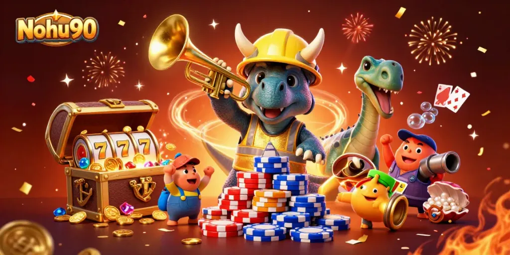 Nohu90 showcases a vibrant triceratops and parasaurolophus celebrating a jackpot, embodying thrilling casino excitement.