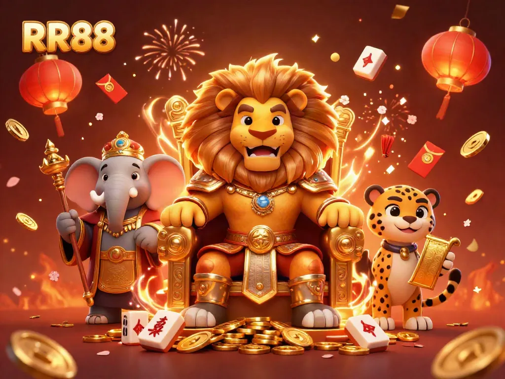 Experience the thrilling RR88 adventure with a king, advisor, and messenger amidst vibrant casino elements.