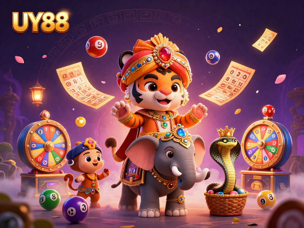 A vibrant scene showcasing UY88 with a 3D tiger maharaja and elephant amidst lottery elements and jackpots.